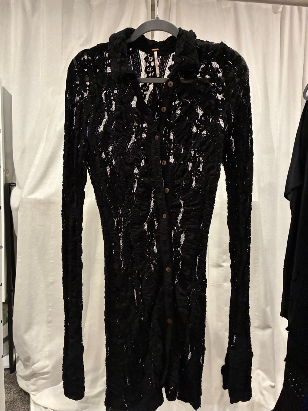 Free People Black Long-Sleeve Ruched Button-Front Dress